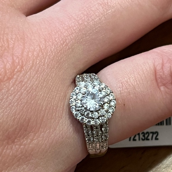 Simulated Diamond Double Halo Ring in Silvertone - Picture 3 of 3